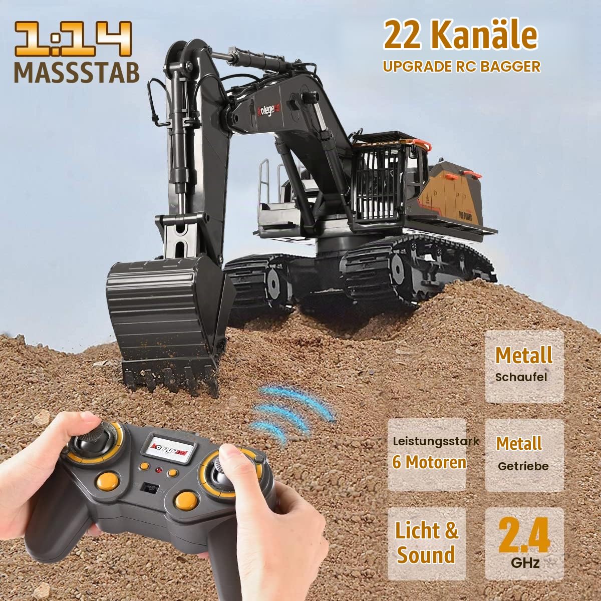 kolegend 1:14 Ferngesteuerter Bagger, Metall RC Excavator 22-Kanal Baggers Ferngesteuert, mit 1 Wiederaufladbaren Batterien Geliefert, mit Lichtern und Soundeffekten für Jungen und Mädchen