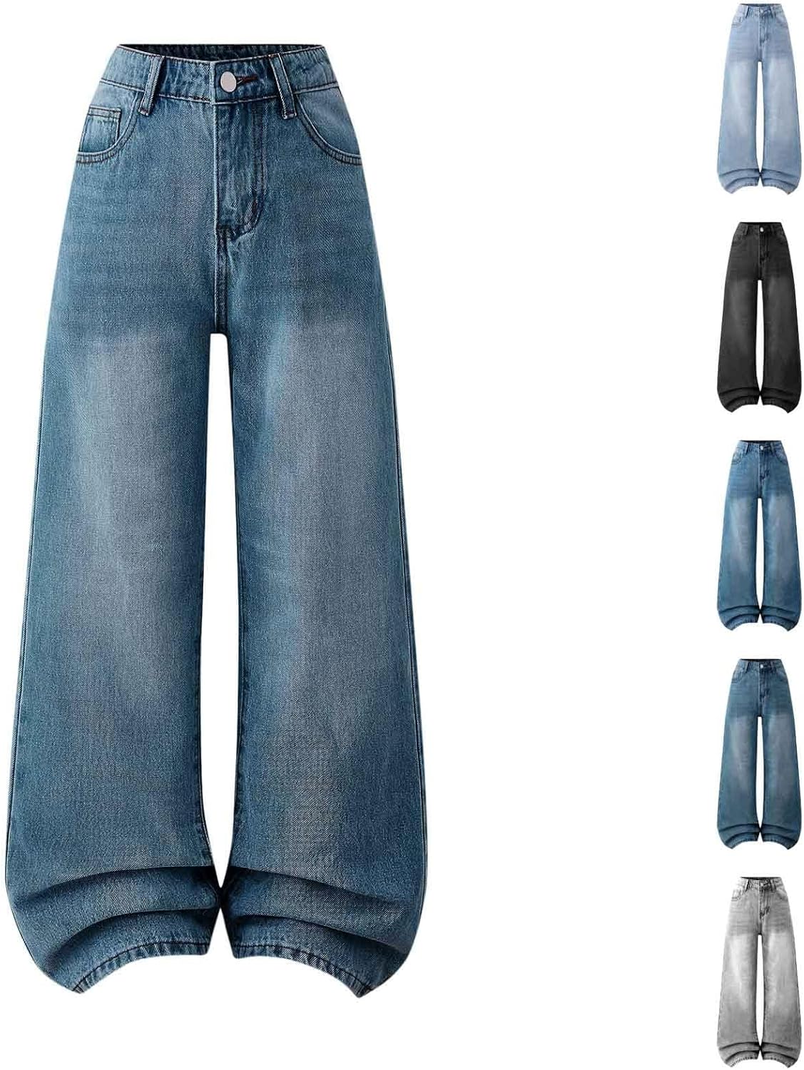 Kids Wide Leg Casual Washed Jeans Elastic Waist Stretchy Loose Denim Pants for Boys Girls 12-16 Years with Pockets