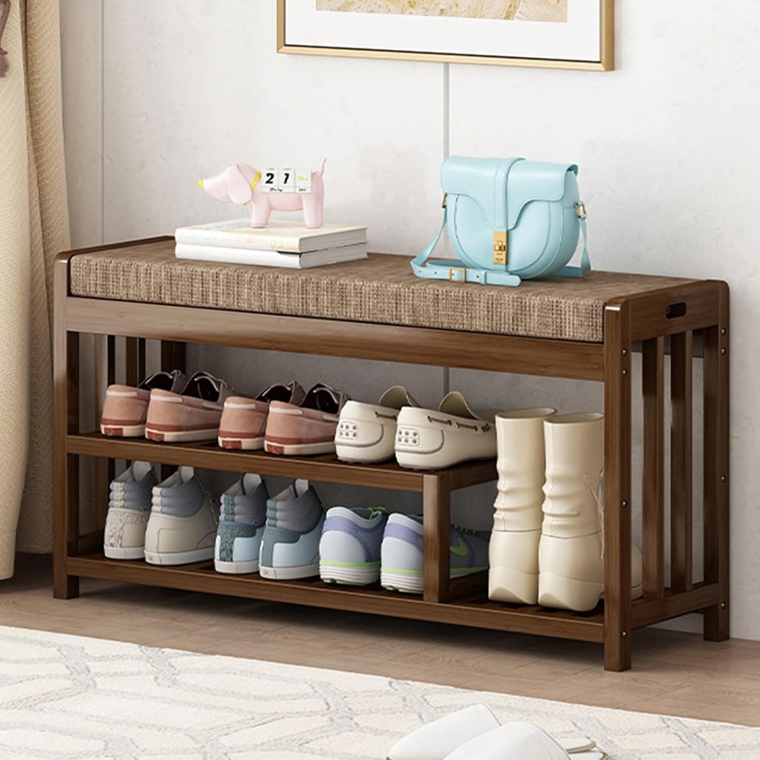 2-Tier Shoe Storage Bench with Soft Cushion, Portable Handle, Ideal for Entryway, Hallway, Living Room, Bedroom nization (50cm)