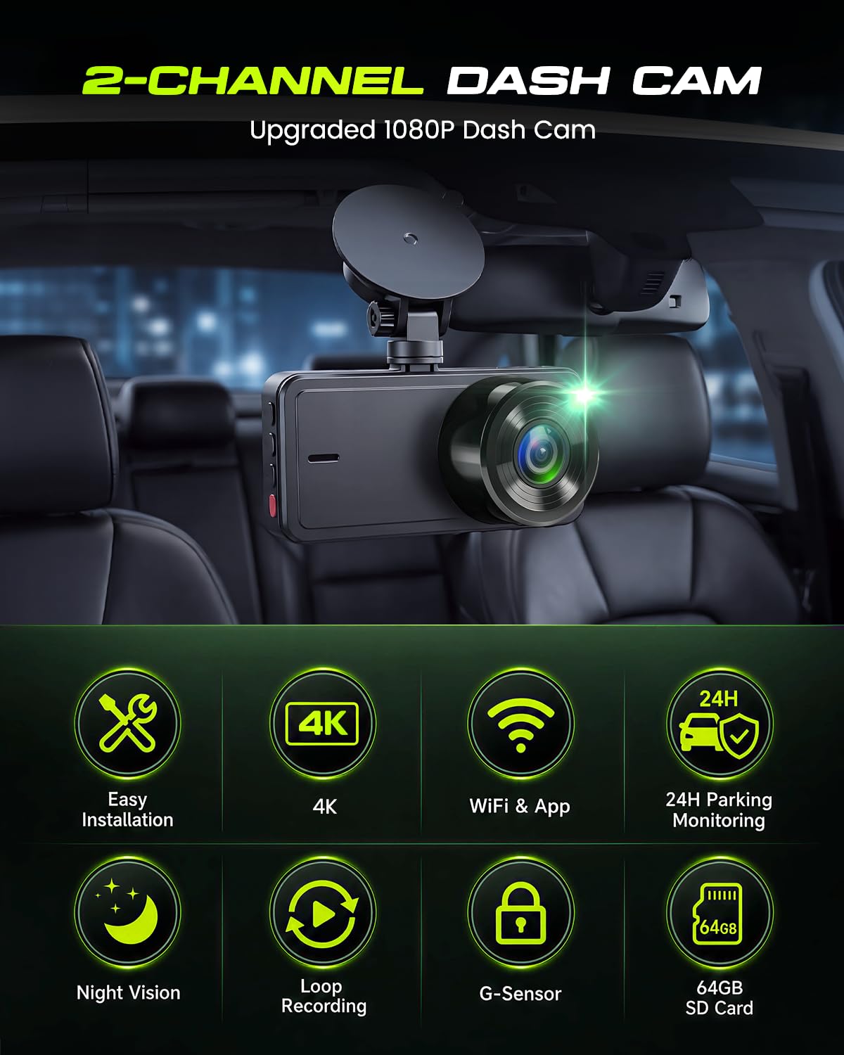 Inefala Dash Cam 4K Fronte Retro WiFi, 64GB, Schermo 3 Pollici