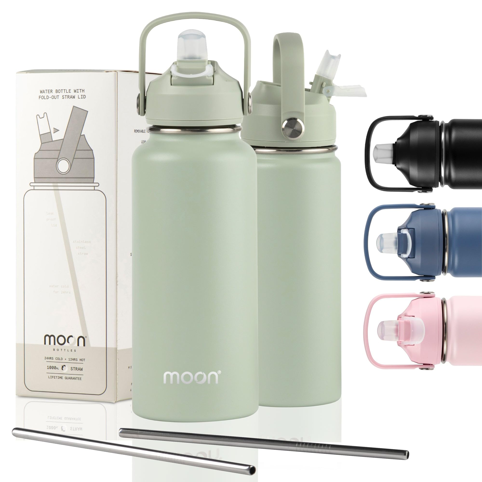 Moon Bottles Mint Green - Insulated Water Bottle With Straw - Stainless Steel Sports Drink Bottle, Thermal Flask, 24Hr Cold, 12Hr Hot, Double Walled, Metal Straw, Silicon Spout, Uk Company (1L, Green)