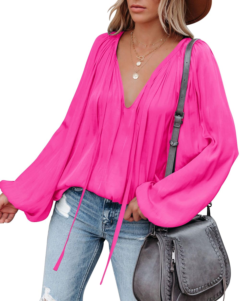 LAMISSCHE Womens Sexy Deep V Neck Blouse Lantern Long Sleeve Chiffon Shirt Oversized Drawstring Silk Satin Tunic