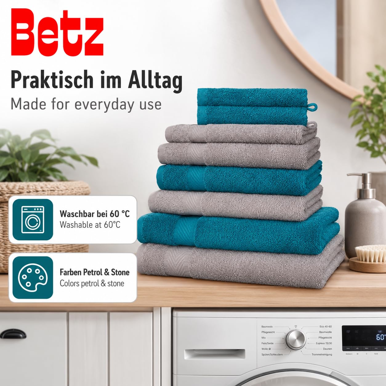 Betz Lot de 12 pièces 100% Coton Palermo 2 draps de Bain 4 Serviettes de Toilette 2 d'invités 2 lavettes 2 Gants de Toilette Couleur Bleu pétrole et Gris Pierre