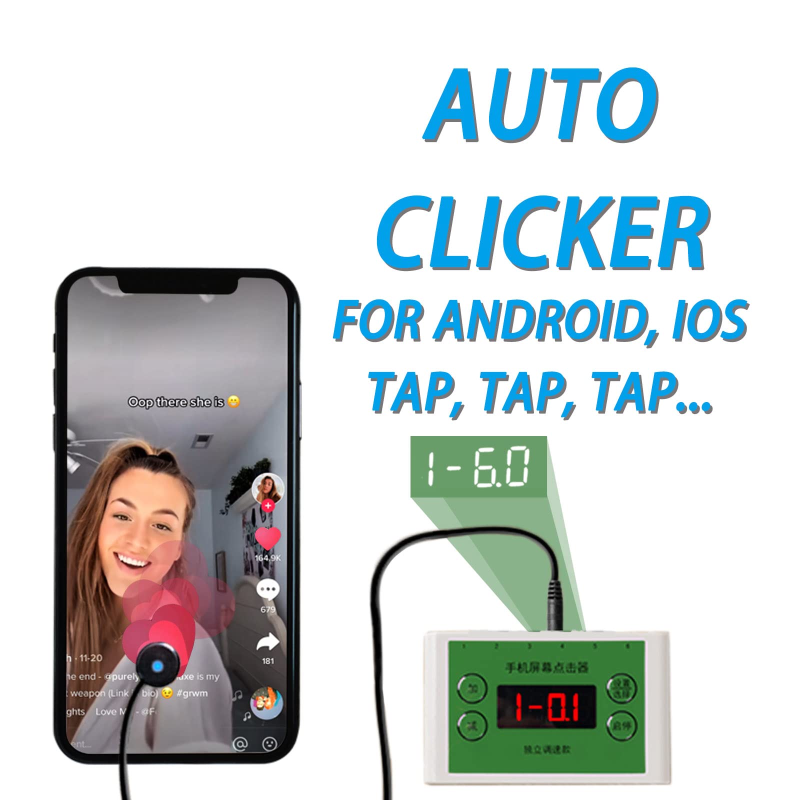 Clicker automático físico de velocidad independiente ajustable en diferentes puertos: Clicker automático para iPhone iPad, dispositivo de pantalla para Android iOS, clic simulado de dedo, adecuado