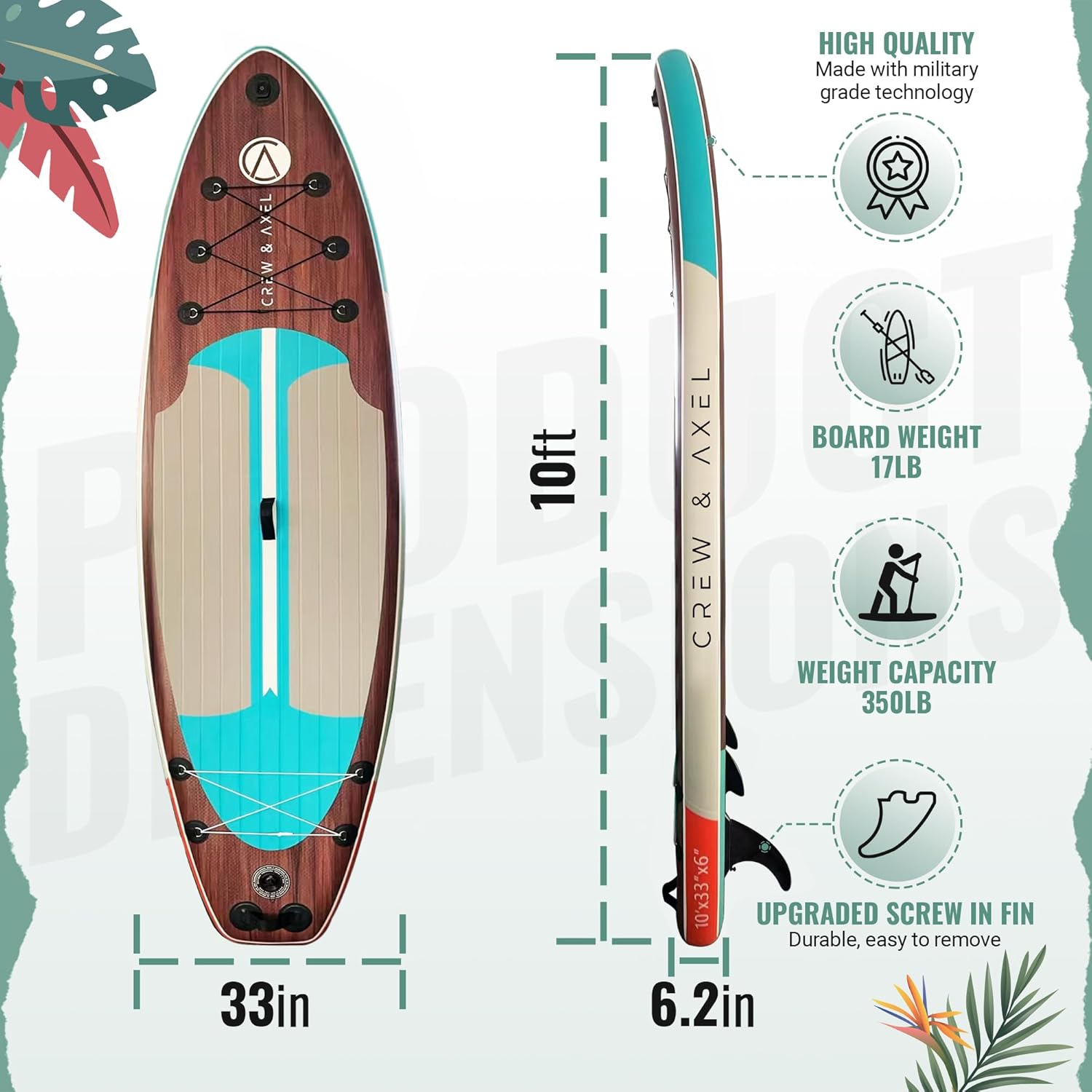 Crew Axel Inflatable Paddle Board 10’33’6” Extra Wide & Lightweight (18lb) Paddle Board – Premium SUP Set Includes 2 Bags, Floating Paddle, Camera Mount, 3 Fins, Dual Pump Kit (Dark Wood)