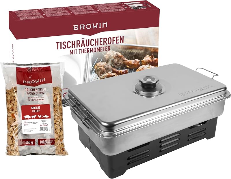 Browin Deluxe rozsdamentes füstölő - hordozható, hőmérővel és füstölőfával