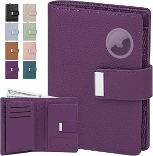 BKNOOU Passport Holder Travel Wallet Compact for Women Men, Leather Passport Wallet RFID Blocking with Airtag Slot Card Holders,Zippered Coins Pocket and Cash Compartment (Purple)