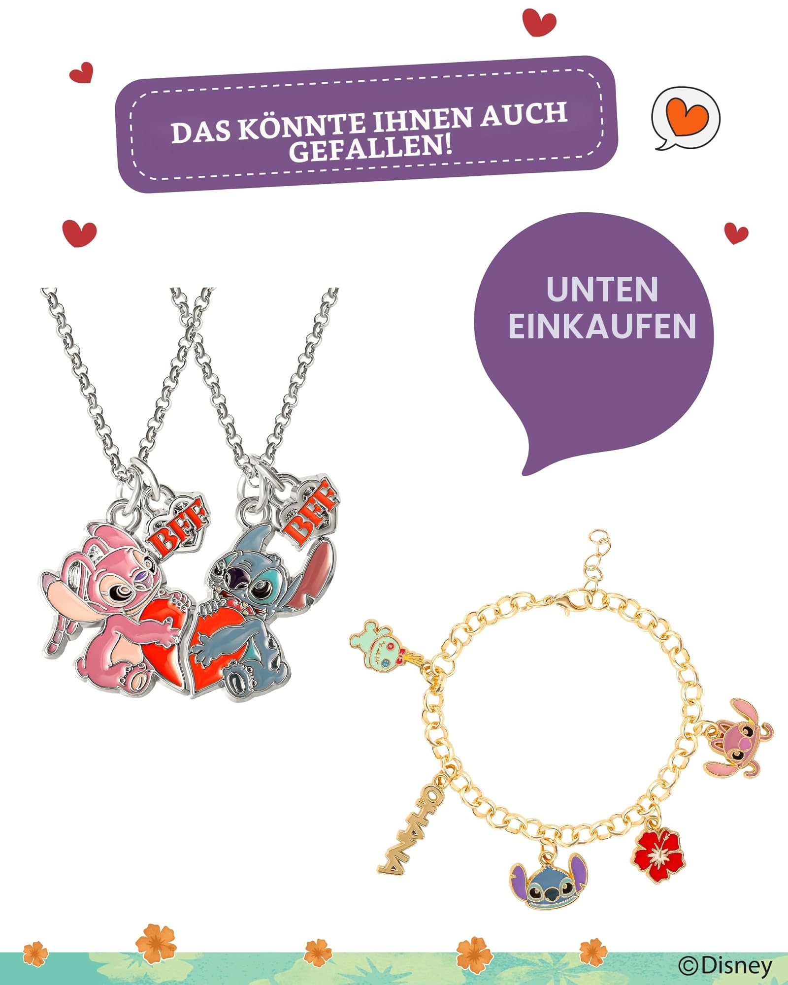 Disney Stitch und Hibiskusblüte Ohrringe (Creolen), aus versilbertem Messing mit farbiger Emaille, für Damen und Mädchen, Fertig zum Verschenken, Offizieller Disney Schmuck