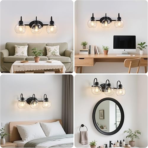Miniatura 6 de Lámparas de tocador de baño de 3 luces, apliques de pared de baño negro mate, lámparas de pared modernas con pantallas de vidrio transparente,