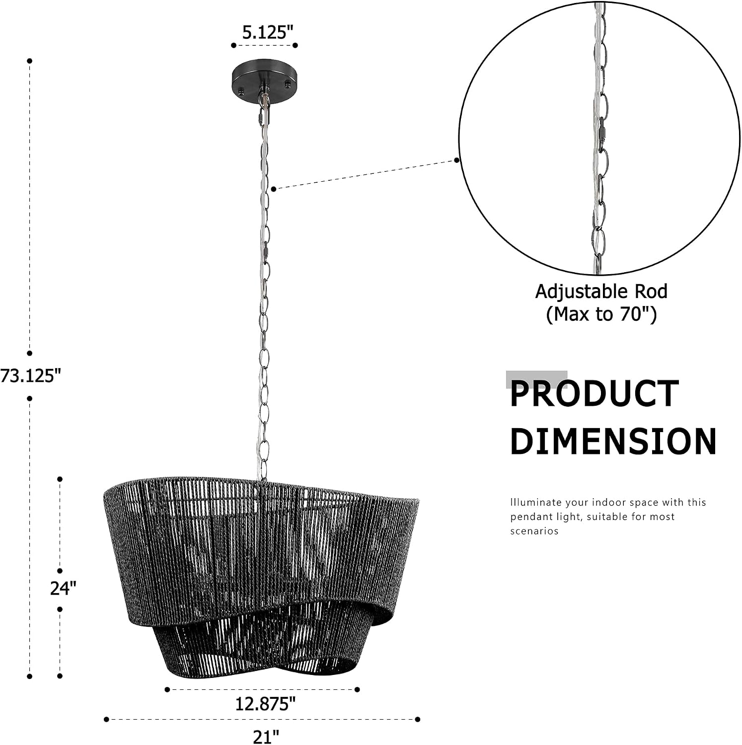 Maxax 21" Black Rattan Chandelier 5-Light Boho Hand Woven Double-Layer Pendant Light Fixture for Dining Room Kitchen Island Bedroom Modern Farmhouse Hanging Lamp E12 Base