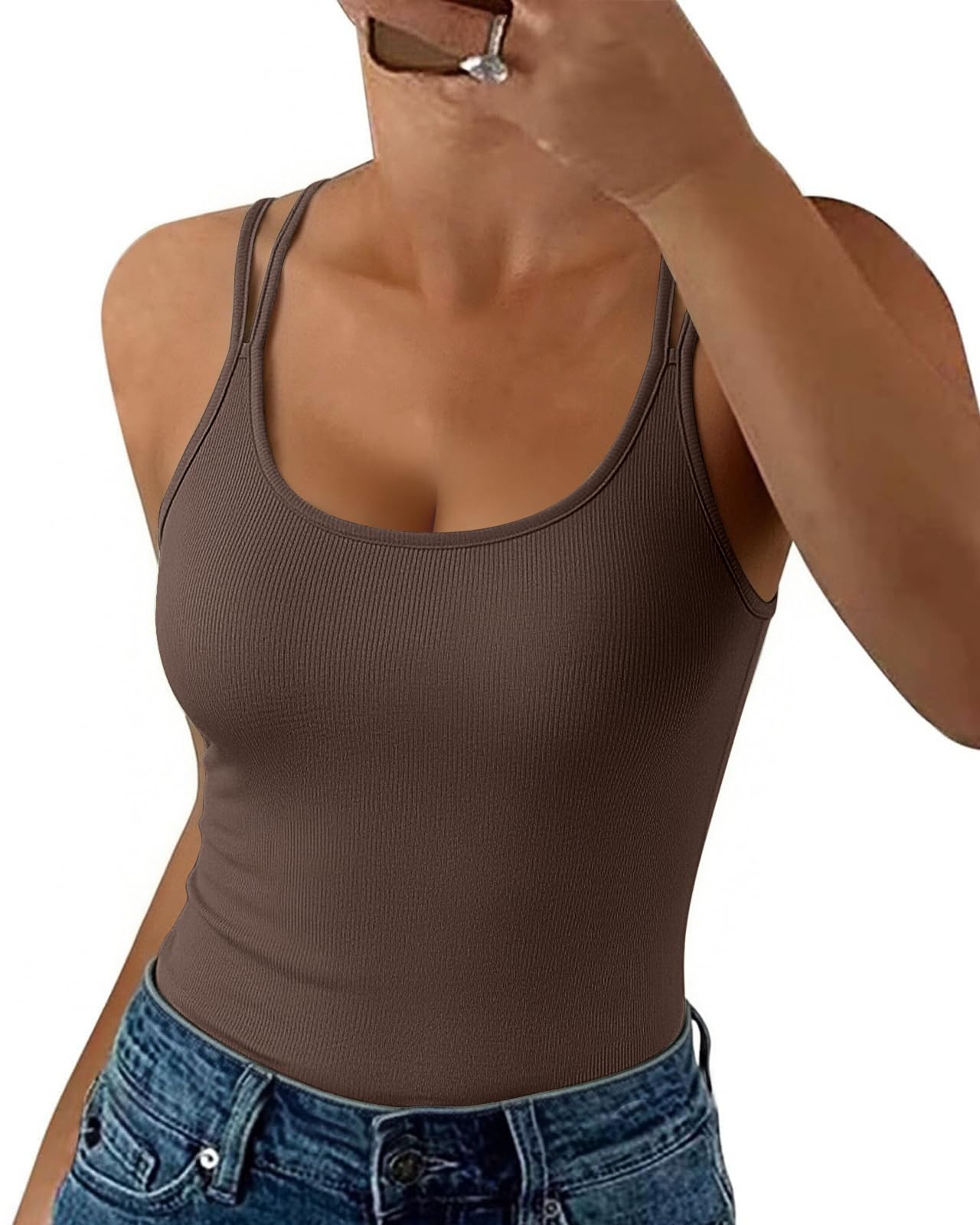 HMIYA Spaghetti Tank Top Damen Sommer Gerippt Rückenfrei Stretch Slim Fit Oberteile Sexy U-Ausschnitt Ärmellos Basic Camisole