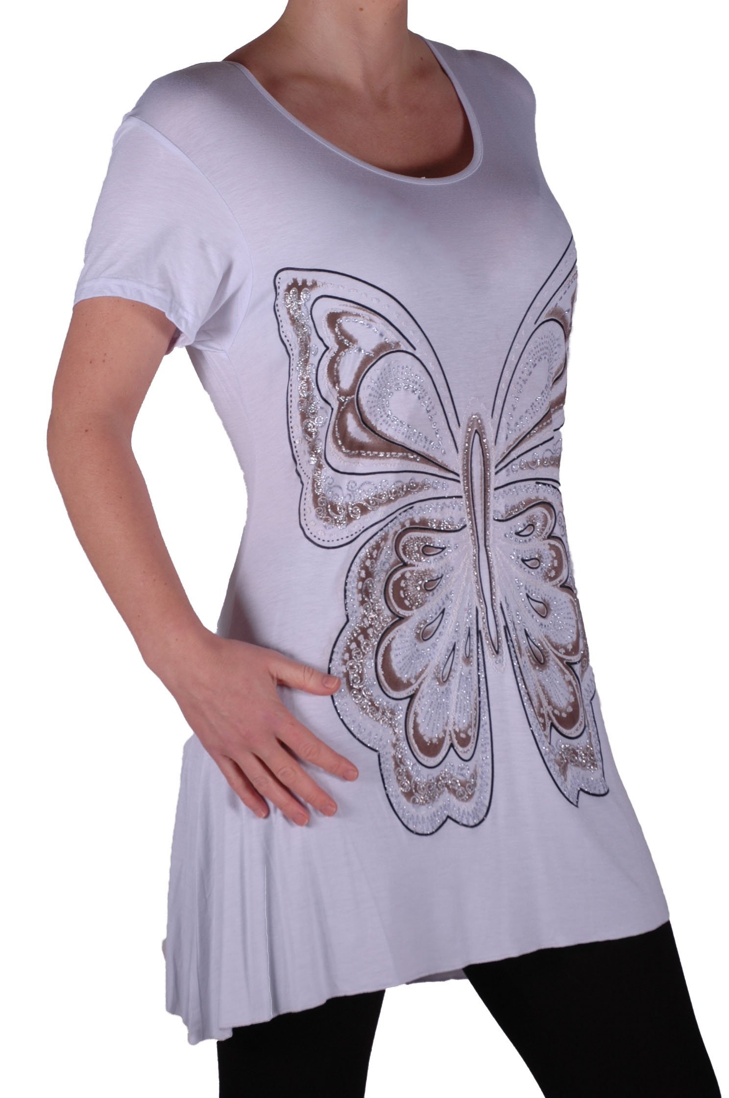 Eye Catch Women's White Plus - Butterfly Motif Long Short Sleeve Loose Stretch Top Size 22-24