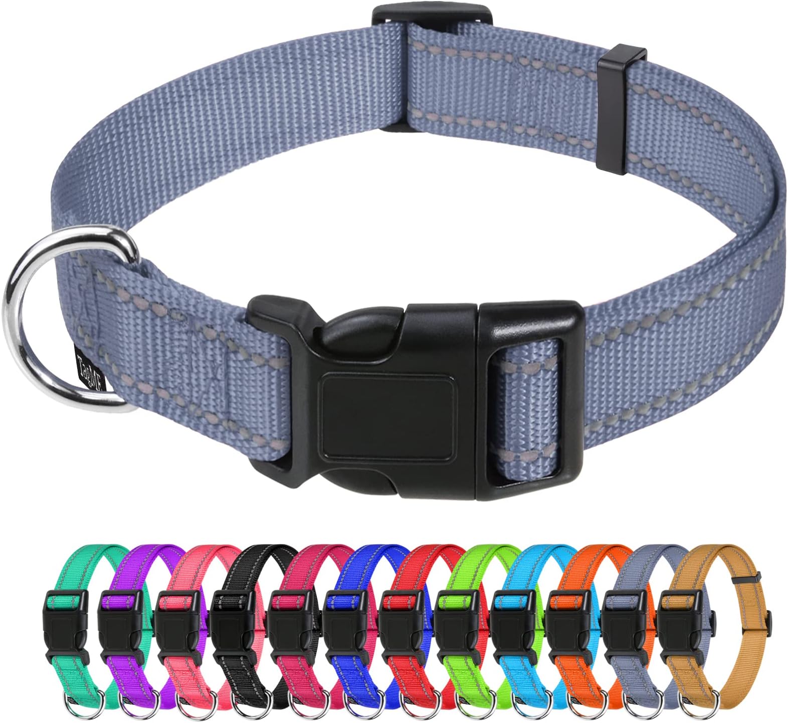 TagME Reflective Nylon Dog Collars, Adjustable Classic Dog Collar with Quick Release Buckle for Extra Large Dogs, Grey, 1¼" Width