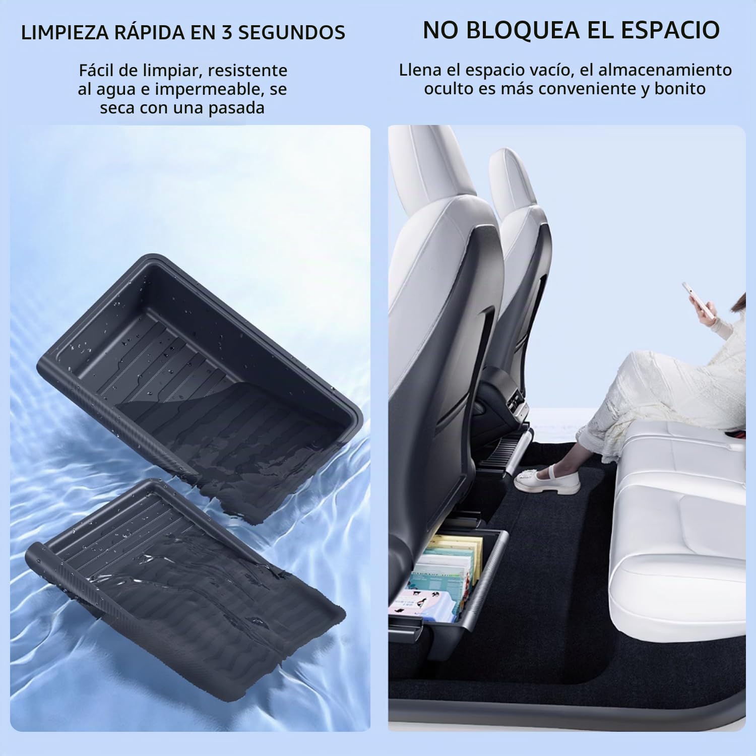 TOPABYTE Organizador de Caja de Almacenamiento Debajo del Asiento para Tesla Model Y 2020-2024 Bandeja Oculta con tapa Cubierta de TPE Accesorios de Cajones, Negro, 2 Paquetes
