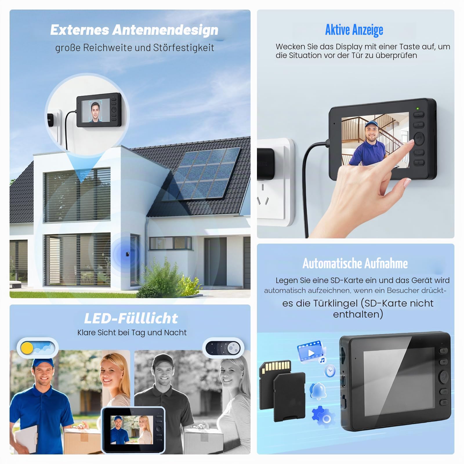Türklingel mit Kamera Kabellos, Video Türklingel mit 1080P HD 4.3" IPS Bildschirm, Infrarot Nachtsicht, 2.4G WLAN, 2-Wege-Audio, 120° Weitwinkel, Unterstützt SD