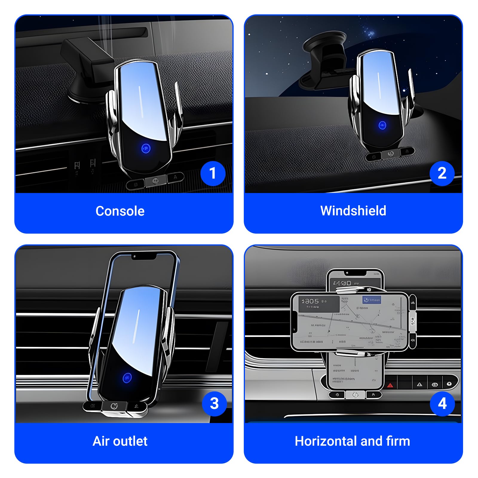 Supporto per telefono da auto con caricatore wireless, caricatore wireless da auto 15W a ricarica rapida, supporto con aggancio automatico a ventosa per auto/cruscotto/bocchetta dell'aria/parabrezza