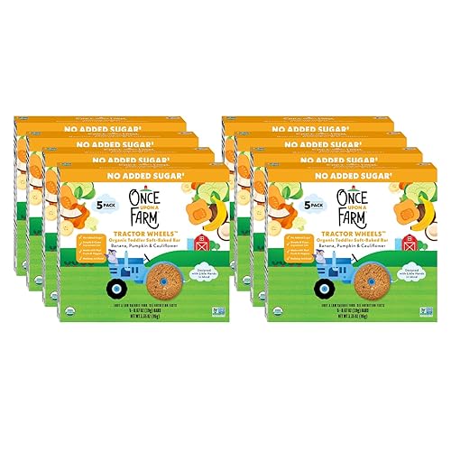 Once Upon A Farm Barra Horneada Suave Orgánica para Niños Pequeños, Plátano, Calabaza y Coliflor, con Forma de Ruedas de Tractor, sin OGM, Kosher,
