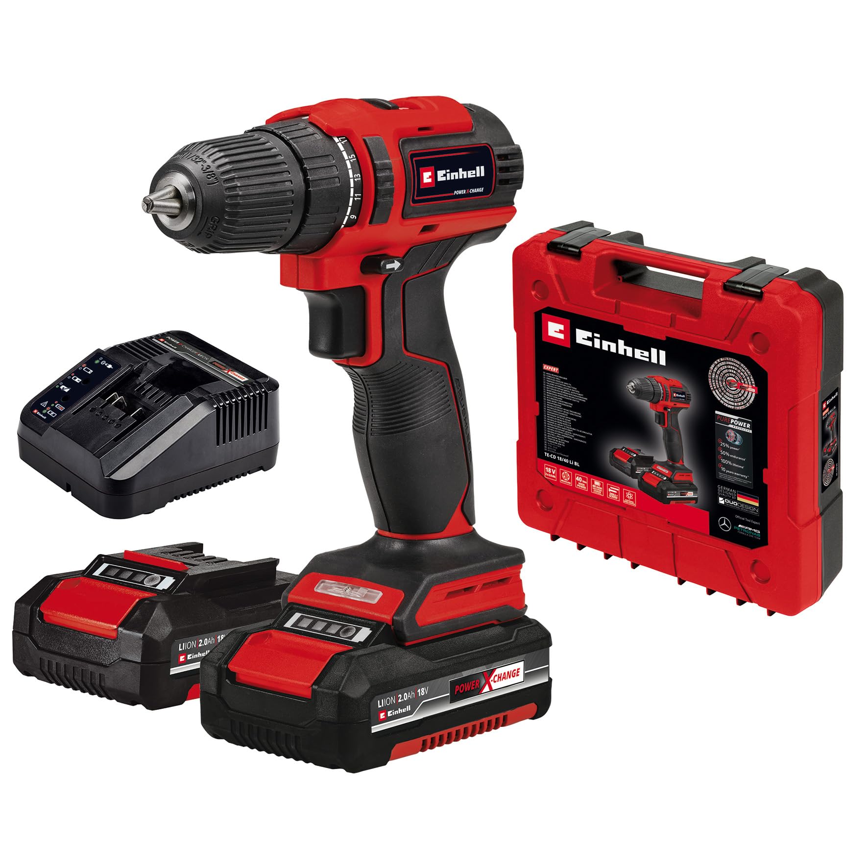 Einhell Akku-Bohrschrauber TE-CD 18/40 Li BL (2x2,0 Ah) | PXC | 18 V | 40 Nm | Brushless | 10-mm-Bohrfutter | 2-Gang | 20+1 Drehmomentstufen | 2x 2,0 Ah Akku & Ladegerät