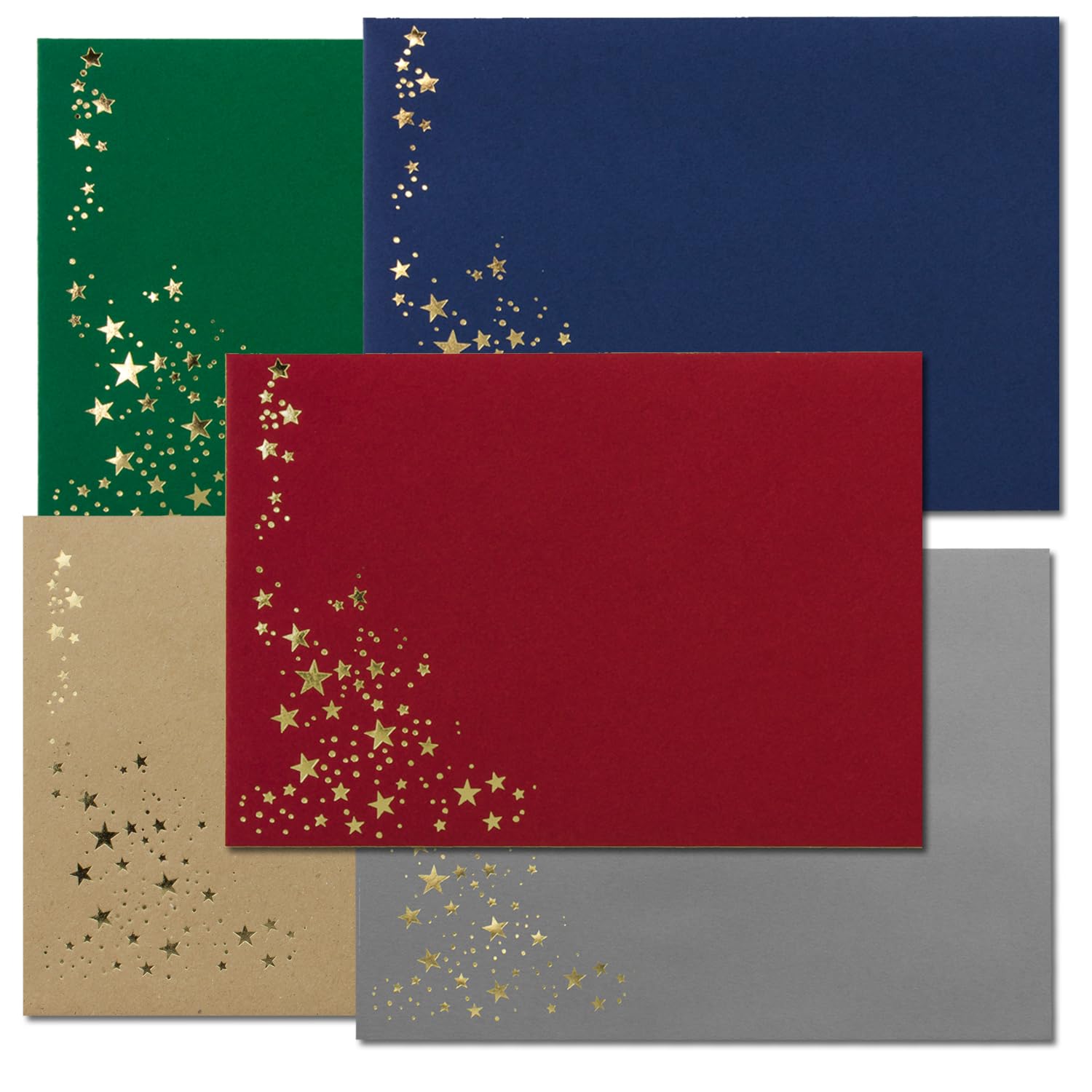 Lote de 100 sobres con estrellas metalizadas DIN C5 - Mix Set 1, sobres en rojo, gris, verde, azul y papel kraft - con estrellas en oro