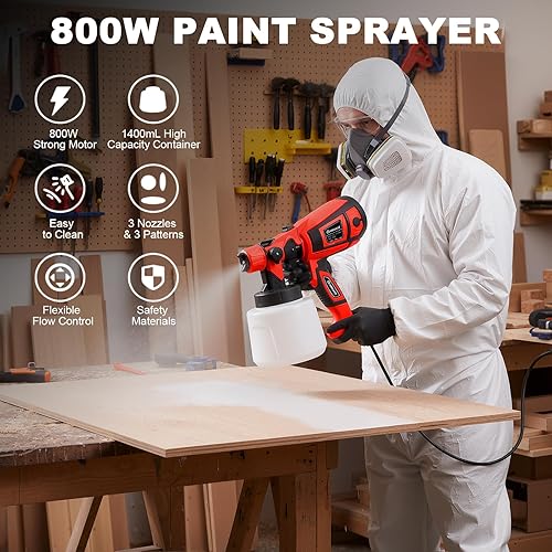 Miniatura 2 de Pulverizador de pintura, pistola eléctrica HVLP de 800 W con juntas de limpiezasoplado, 3 boquillas de 3 patrones y recipiente de 47.3 fl oz,
