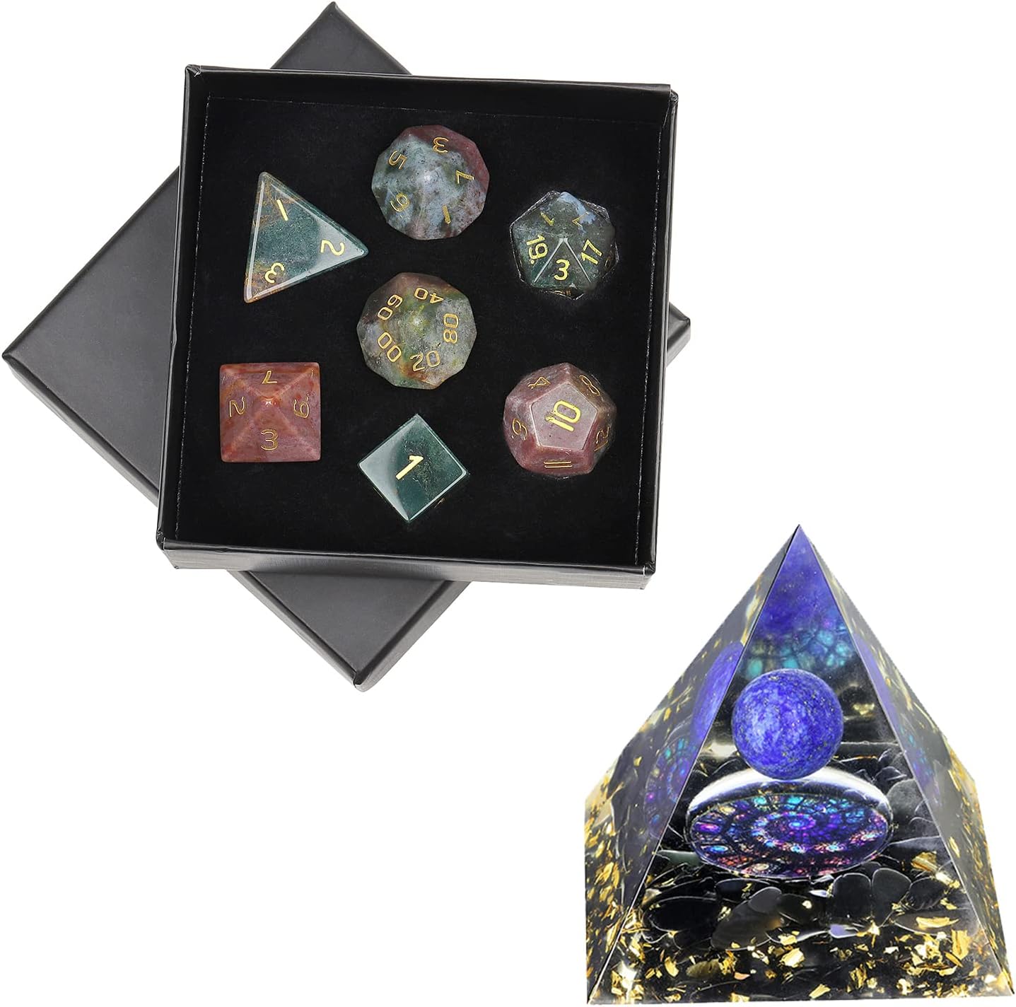 mookaitedecor Bundle - 2 Items: 7 PCS Indian Agate Crystal Polyhedral DND Dice Set & Lapis Lazuli Crystal Sphere Orgone Pyramid with Obsidian Tumbled Stones for Home Decor