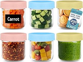 HEFTMAN Piccoli vasetti per la colazione con coperchi, 6 barattoli piccoli da 200 ml con coperchio, per alimenti per bambini, salse, frutta, barattoli ermetici in vetro per avena con coperchio, per