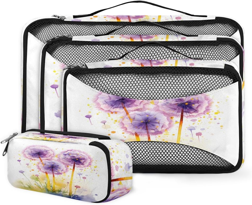 4 Set Packing Cubes for Suitcases, Travel Essentials for Carry on Luggage, Watercolor Dandelion Suitcase Organizers for Clothes Shoes Toiletries Travel Accessories in 4 Sizes - Fantastic Dandelion
