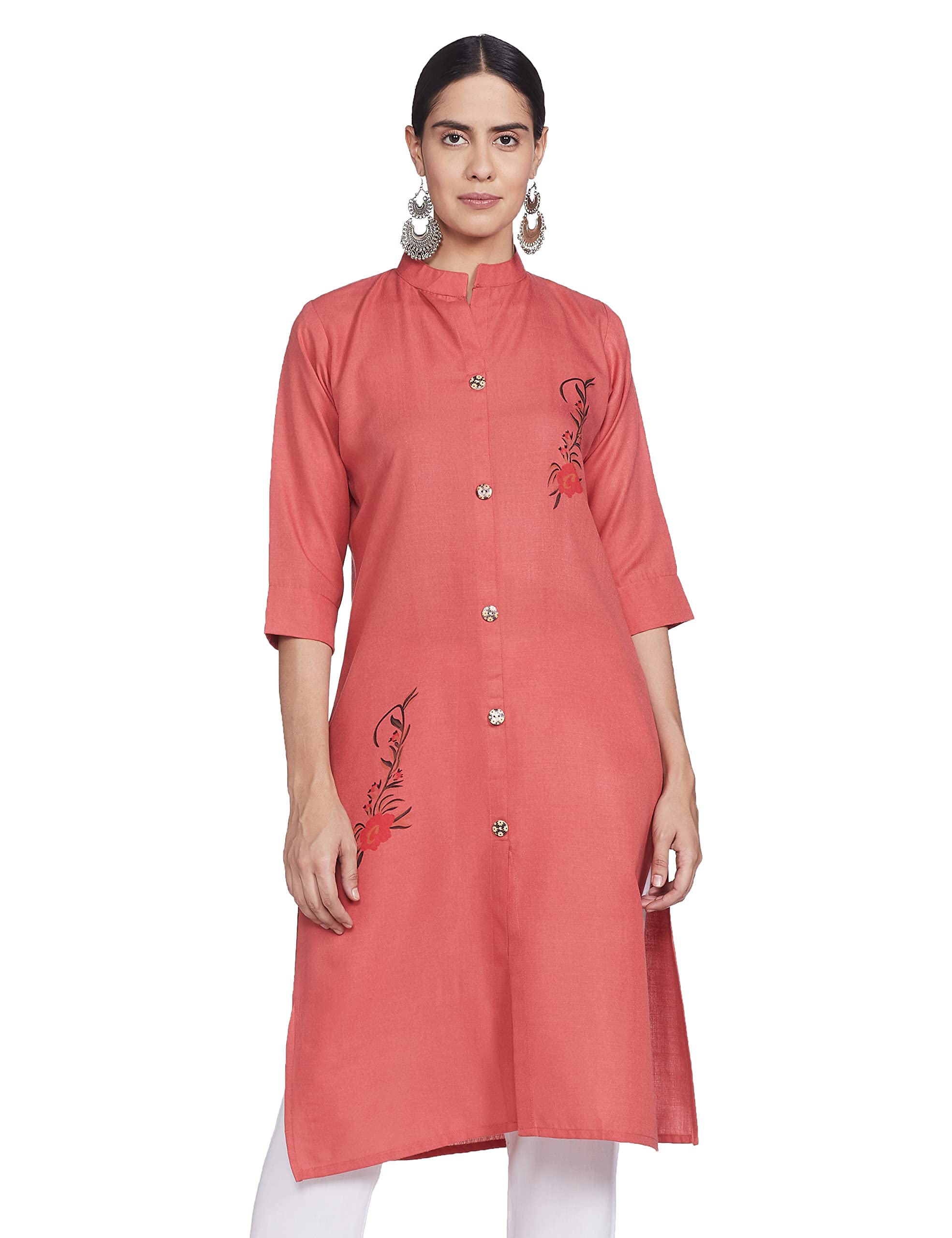 Om Sai Latest Creation Slub-Rayon Three-Fourth Sleeve Printed A-Line Kurti For Women (Light Brown, X-Large)