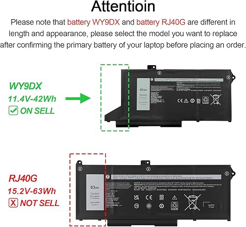 Miniatura 2 de MULS WY9DX - Batería para portátil de 42 Wh, compatible con Dell Latitude 14 5420 Dell Latitude 15 5520 Dell Precision 15 3560 Notebook WK3F1 M3KCN