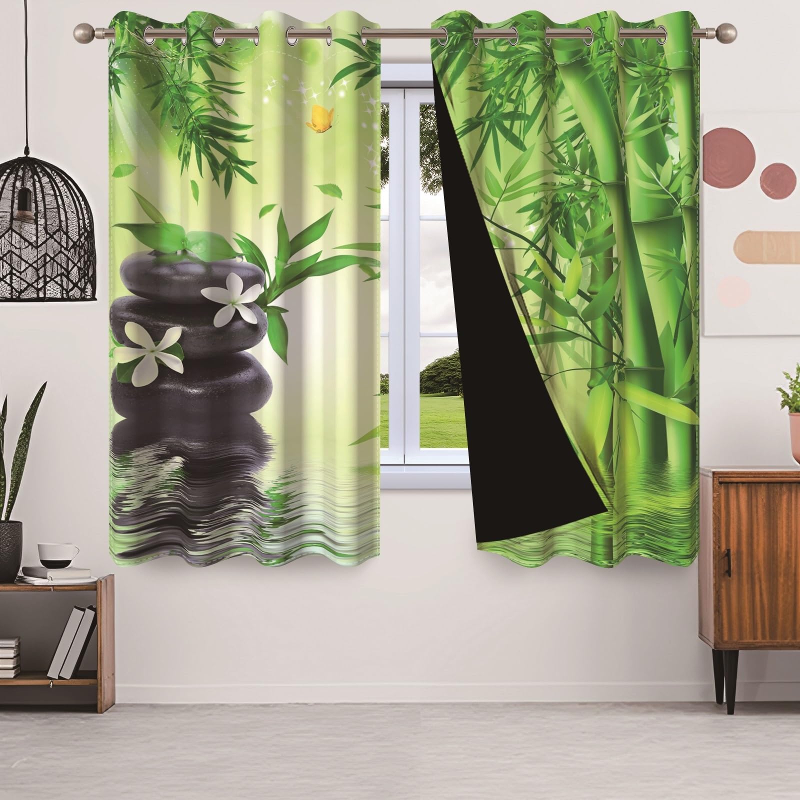 117x183cm SPA Yoga Cortina con Ojales Bambú Verde Primavera Clara Guijarros Flores Meditación Relajante Zen Biombos térmicos Opacos Cortinas para Ventanas Dormitorio Sala de Estar,2 Panel