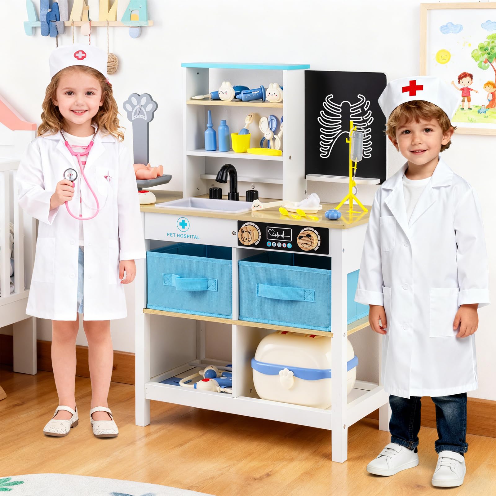 COSTWAY Kit Medico Giocattolo in Legno, Centro Veterinario Pieghevole con Bilancia Animali e 22 Accessori, Gioco Educativo Simulazione Dottore, Regalo per Bambini 3-6 Anni (Bianco)