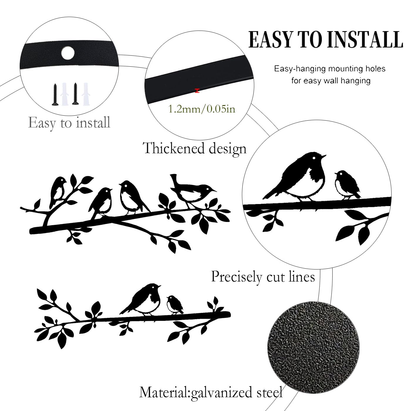 Oiseaux muraux en métal sur une branche,Décoration murale oiseaux en métal,Décoration murale en forme de feuilles avec silhouette d'oiseaux,Décoration jardin ou balcon,pour Décoration Murale (2)