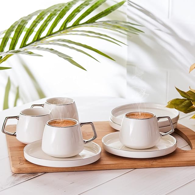 KARACA Saturn Turkish Coffee Cups, Espresso Cups Set of 6 Includes 12 Pieces, 3 oz Espresso Cup Set, Small Espresso Cups and Saucers, Set of 6 Demitasse Cups with Silver Handle on White Porcelain
