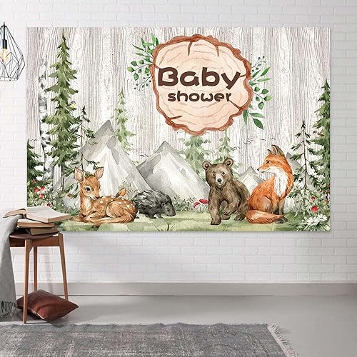 Miniatura 3 de Telón de fondo de Woodland Baby Shower de 6 x 4 pies, safari, animales salvajes, bosque, árbol, cámper, niños, fotografía de fondo, cartel de