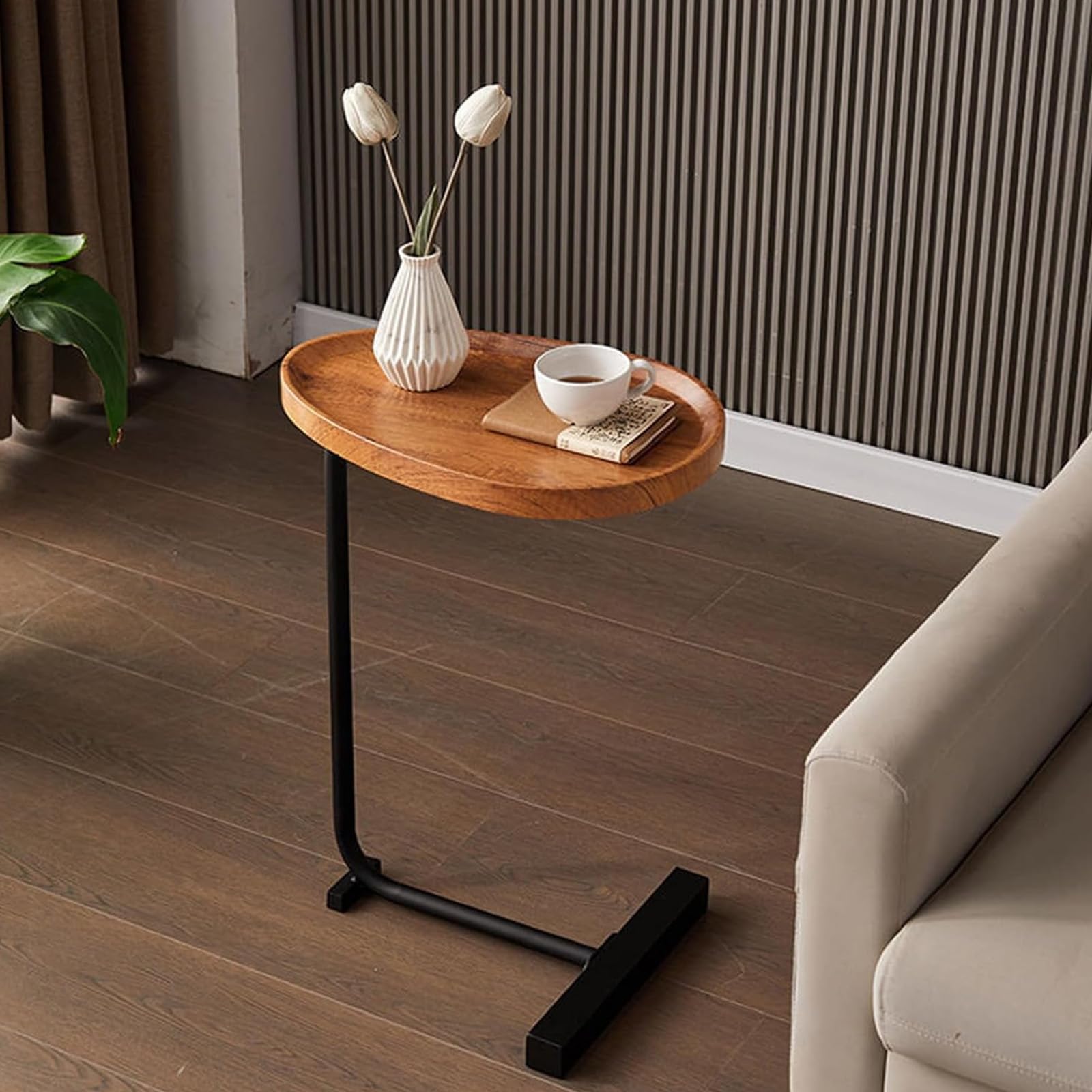 Yesbon Kleiner Beistelltisch C Form, Beistelltisch Holz mit Metallgestell, mobiler Couchtisch, Wohnzimmertisch für Wohnzimmer Schlafzimmer,D,45 * 30 * 70cm