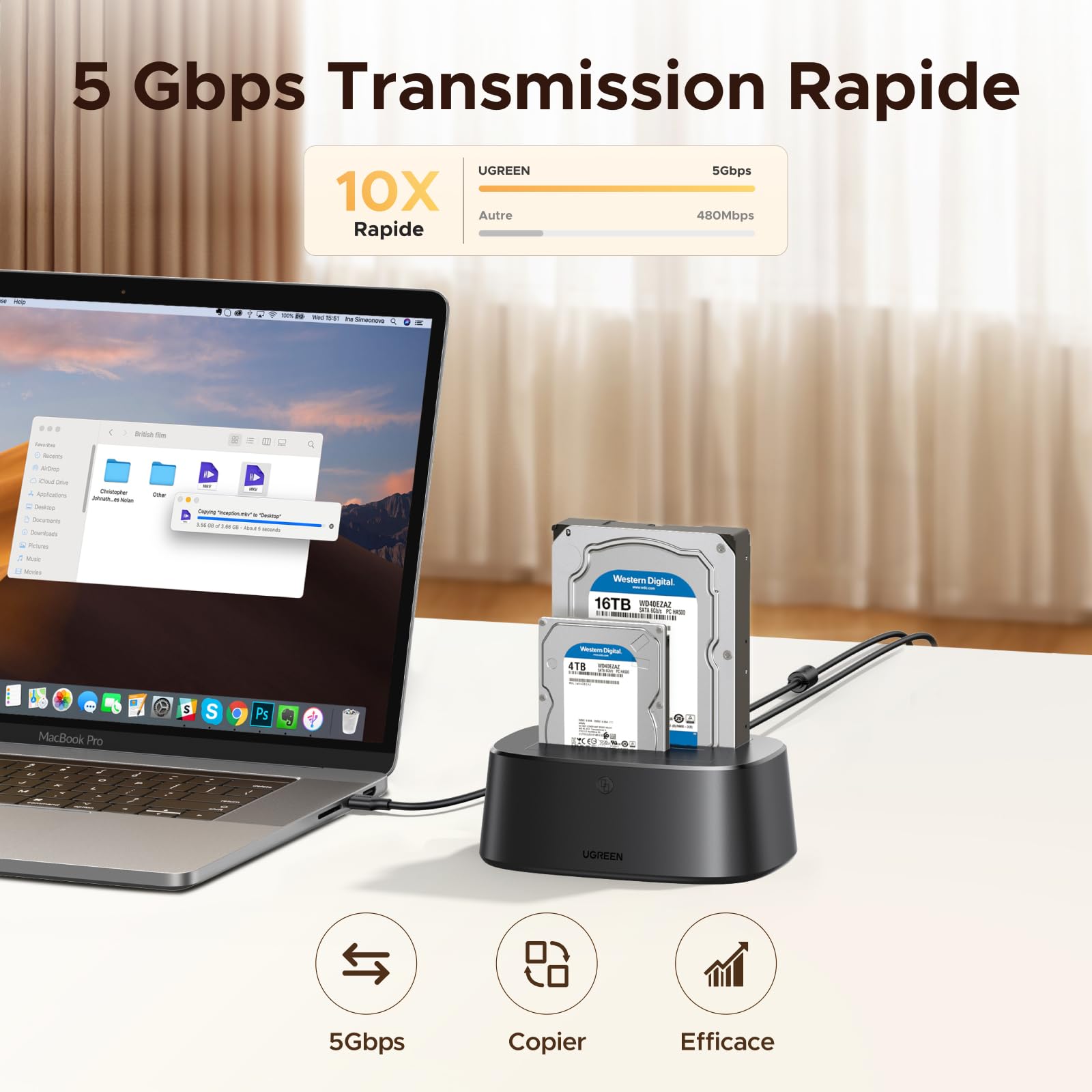 UGREEN Station d'accueil pour Disque Dur, USB 3.0 HDD Docking Station pour 2,5 et 3,5 Pouces SATA HDD/ SSD, 5Gbps Adaptateur Dual Bay Disque Dur Supporte Clonage Hors Ligne et UASP