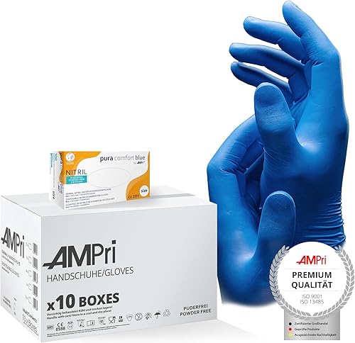 AMPRI Nitrilhandschuhe, blau, 10 Box a 100 Stk, Größe XL, puderfrei, Puracomfort