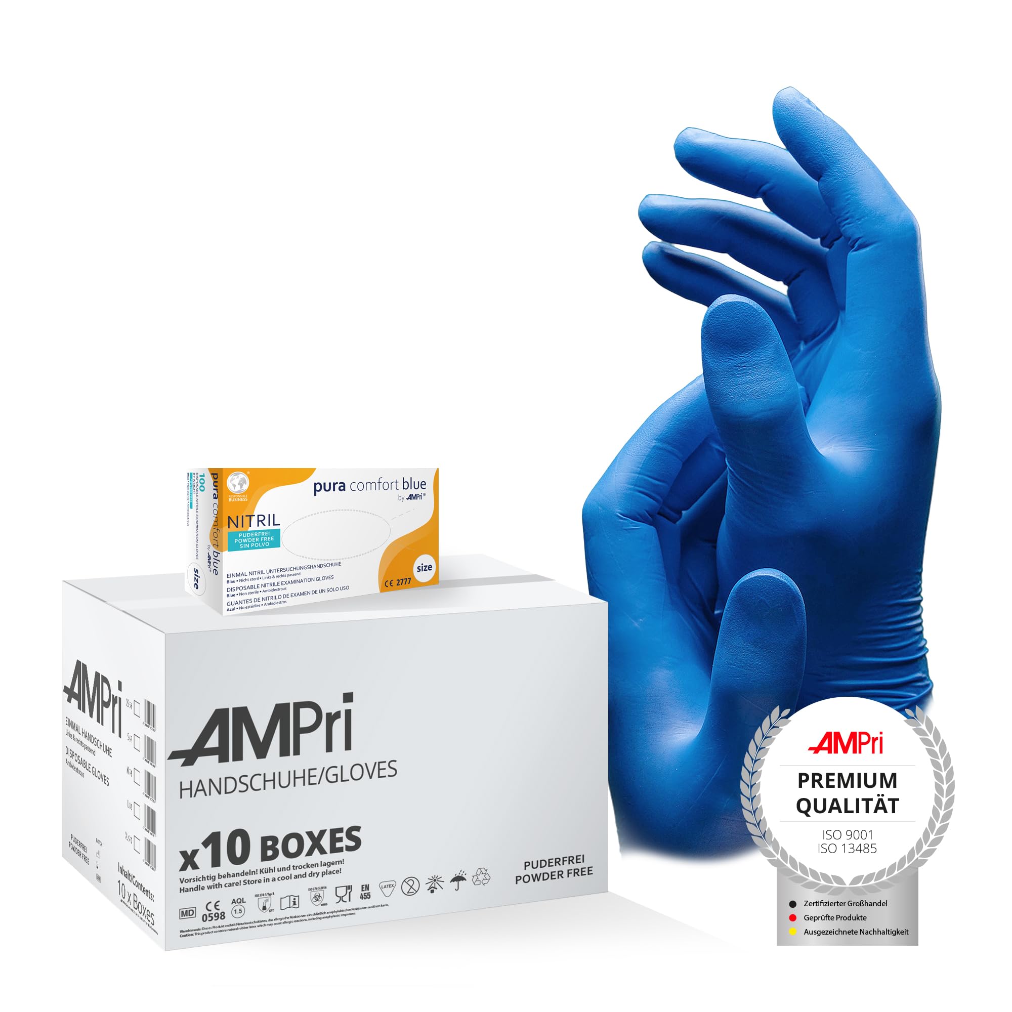AMPri Guantes de nitrilo azul, 10 cajas de 100 unidades, talla M, sin polvo, azul puracomfort: guantes desechables de nitrilo, guantes desechables en las tallas XS, S, M, L, XL, XXL