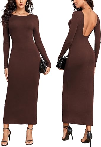 Women Long Sleeve Open Back Bodycon Maxi Dress Fall Knit Formal Dress