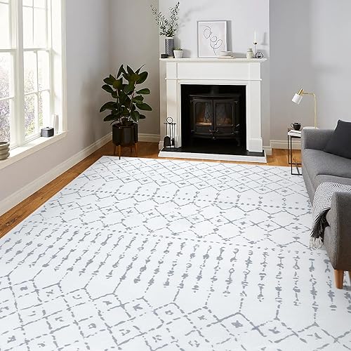 LIVEBOX Alfombra bohemia lavable de 8 x 10 pies para sala de estar, alfombra marroquí antideslizante blanca y gris para dormitorio, alfombra de pelo