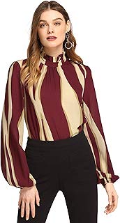 Romwe - Blusa de Trabajo para Mujer, Elegante, a Rayas, con Cuello