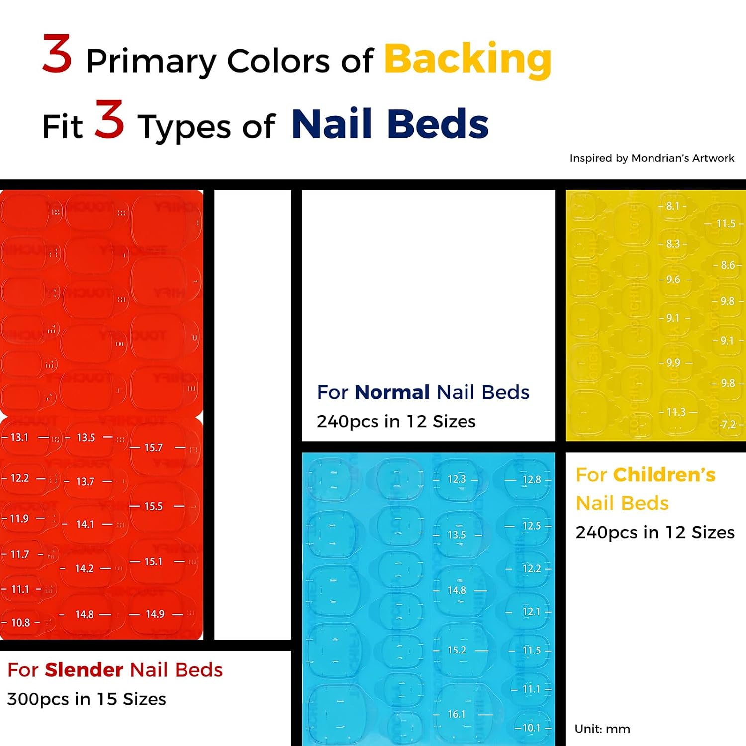 Premium Press-On Nail Adhesive Tabs 10 Sheets with 15 Sizes, 300 PCS Ultra-Thin & Waterproof Jelly Stickers for Long-Lasting Manicures & Pedicures (600PCS-Slender Nail Beds)