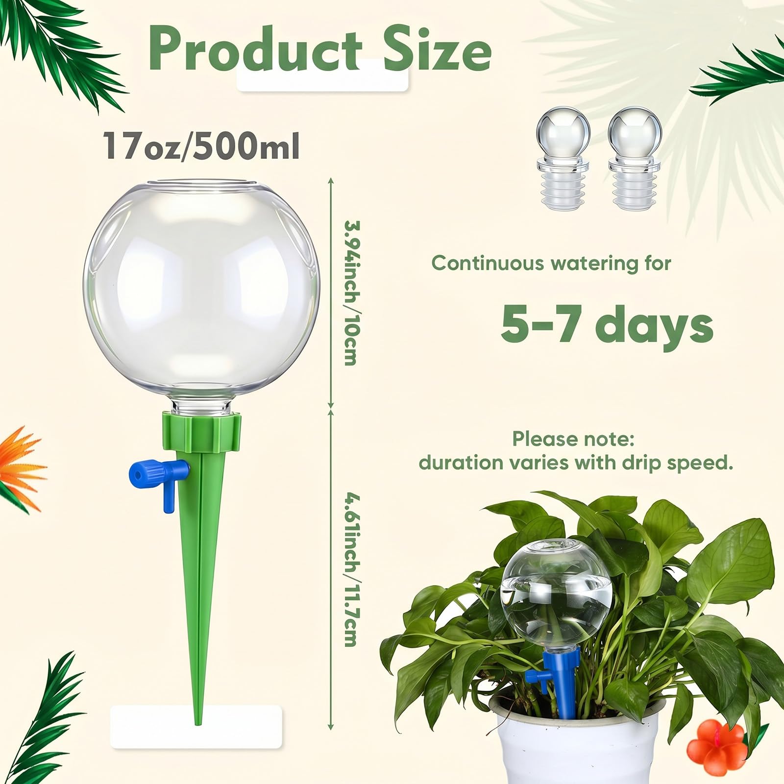 12 sfere autoirriganti per piante da 500 ml, per interni ed esterni, regolabili, in plastica, per riempire le piante, sistema di irrigazione automatica, sistema di punte, paletti (verde)