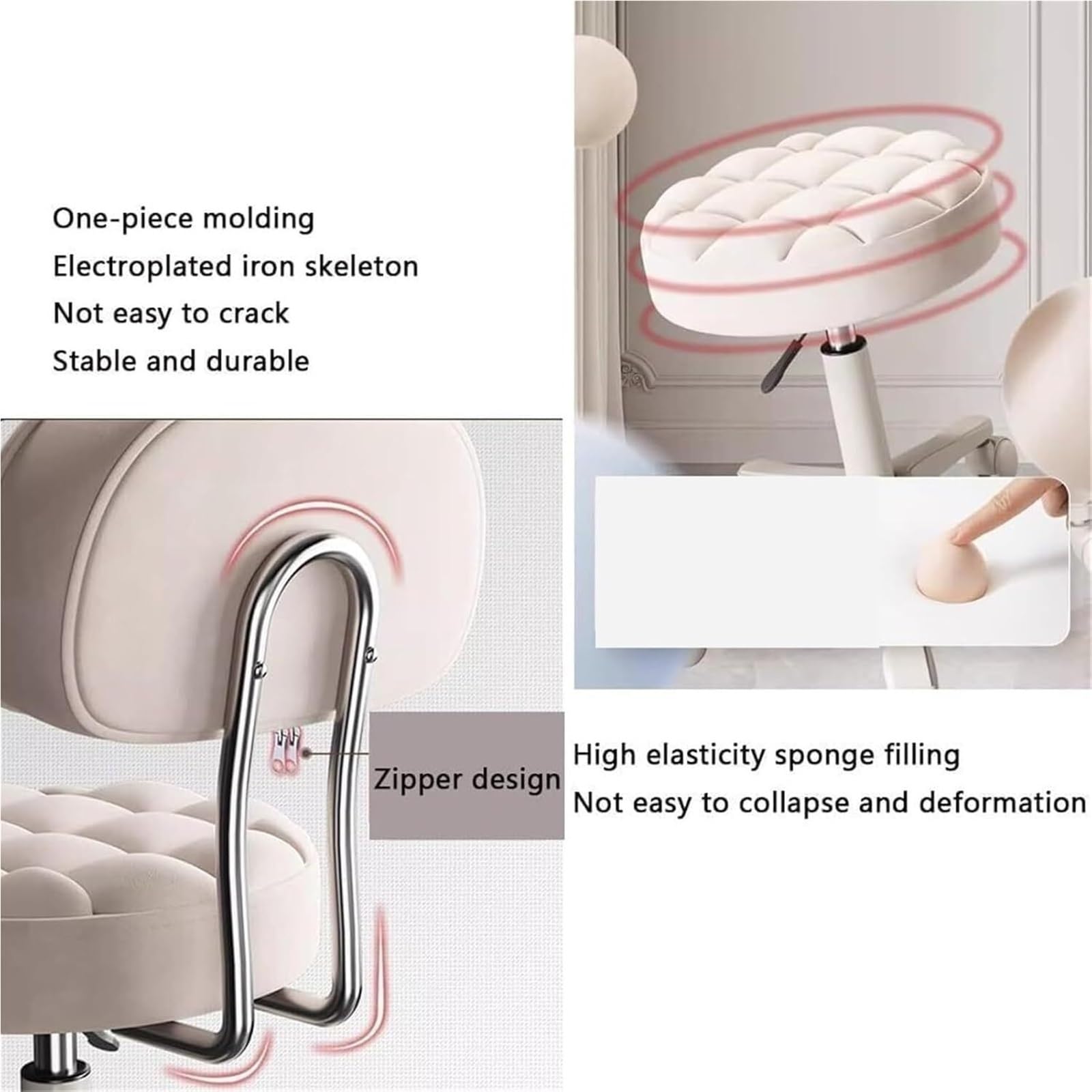 Taburete rodante con Respaldo y Ruedas, Silla de tocador giratoria hidráulica de Cuero PU, Altura Ajustable(Beige)