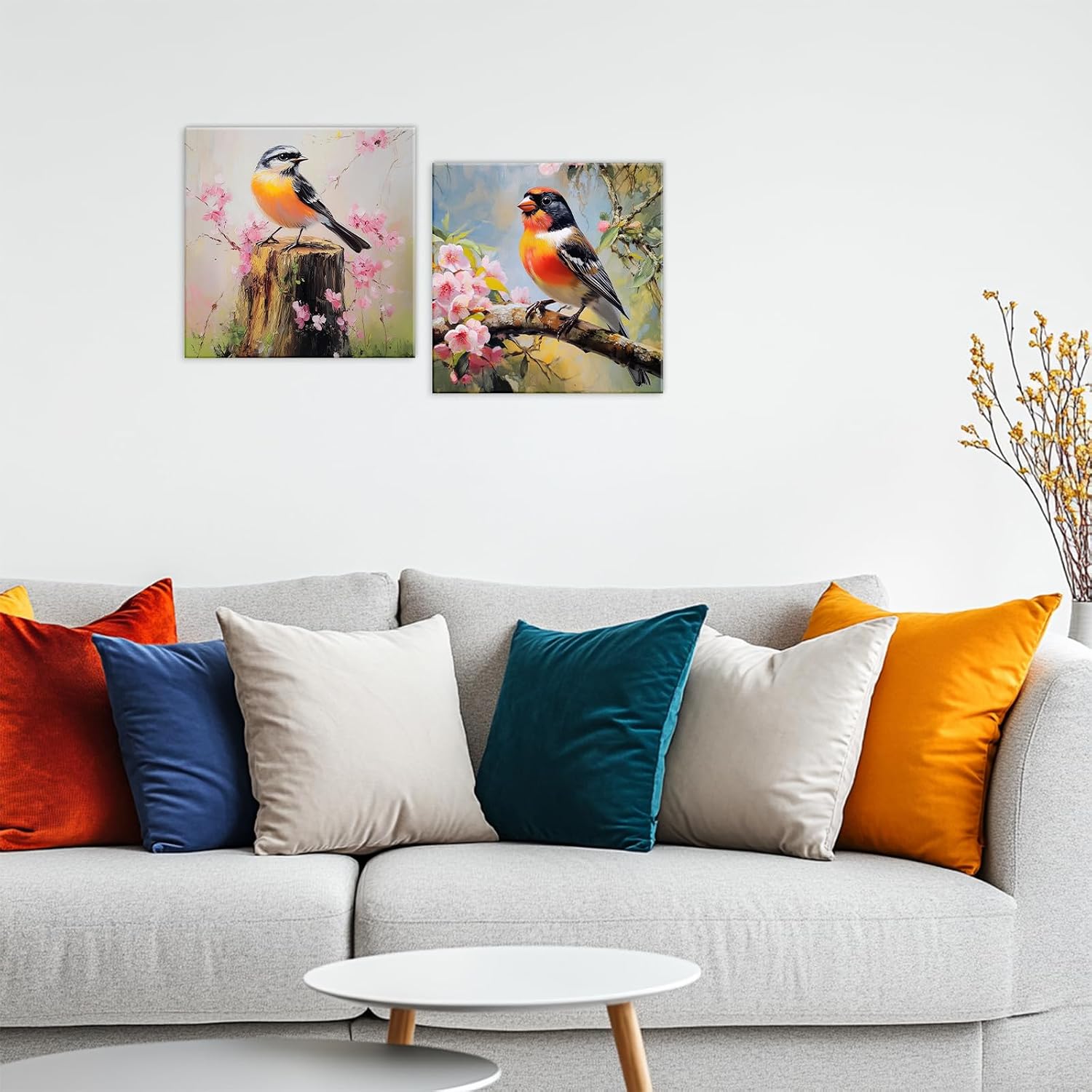 GLOKAKA Birds Canvas Wall Art 2 Panel Sparrow Stand On The Tree Stump Picture Print Colorful Wildflower Natural Landscape Painting Modern Artwork Home Decor(Artwork-4,20"x20"x2pcs)
