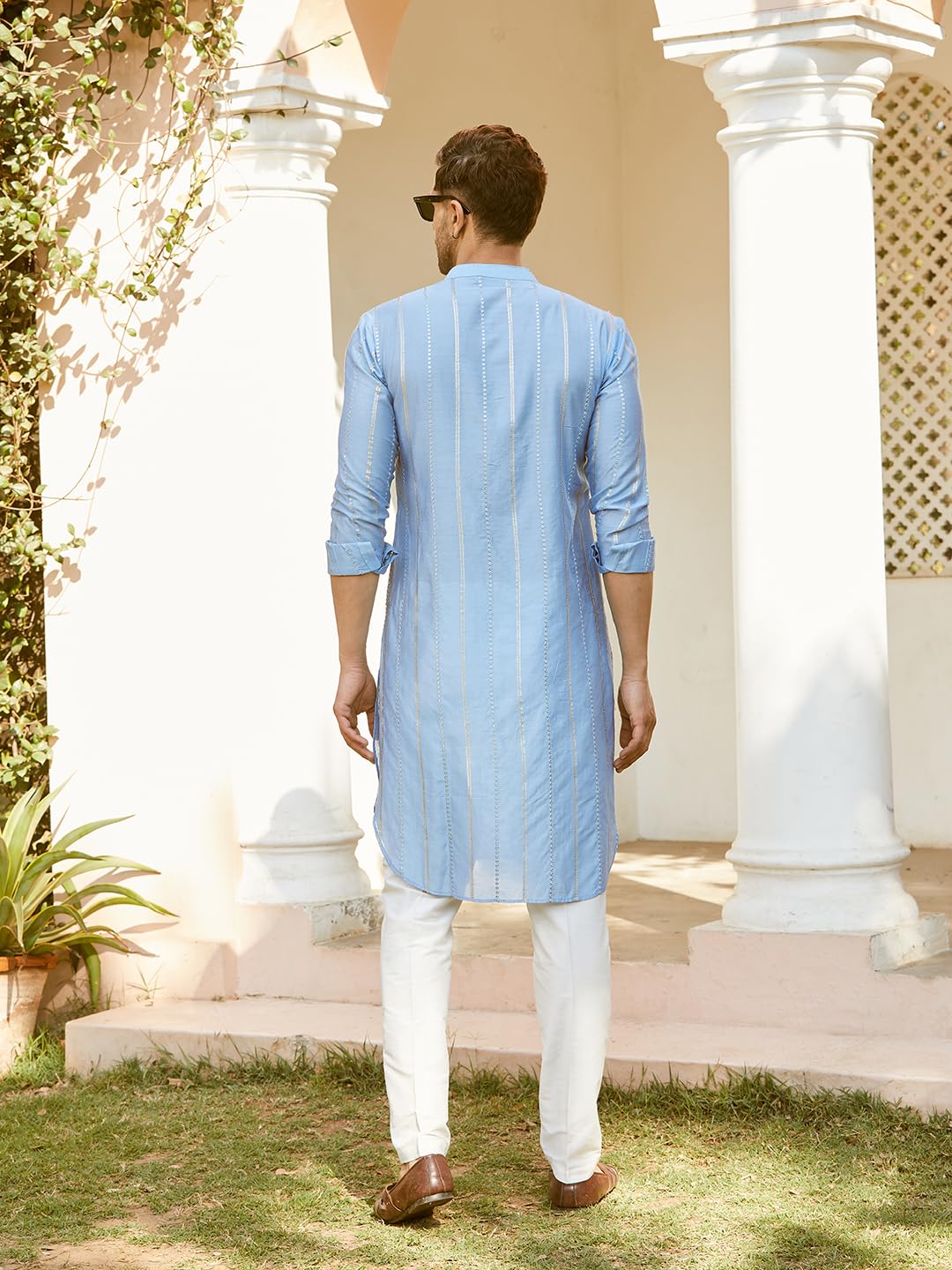 See Designs Men Full Sleeve Turquoise Blue Chanderi Silk Sequins Cotton Mandarin Collar Side Slit Kurta - Sd2Mkt_1444Xxl