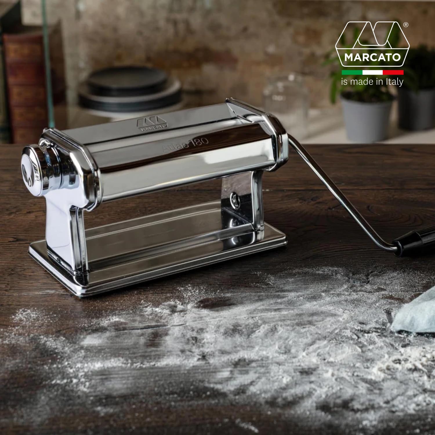 Marcato Atlas 180, Macchina per la Pasta, Pasta Maker, Tirapasta, Sfogliatrice Extra Large, 10 diversi Spessori, Acciaio Cromato, Compatibile con 12 Accessori per Formati Extra, AT-180-ROL