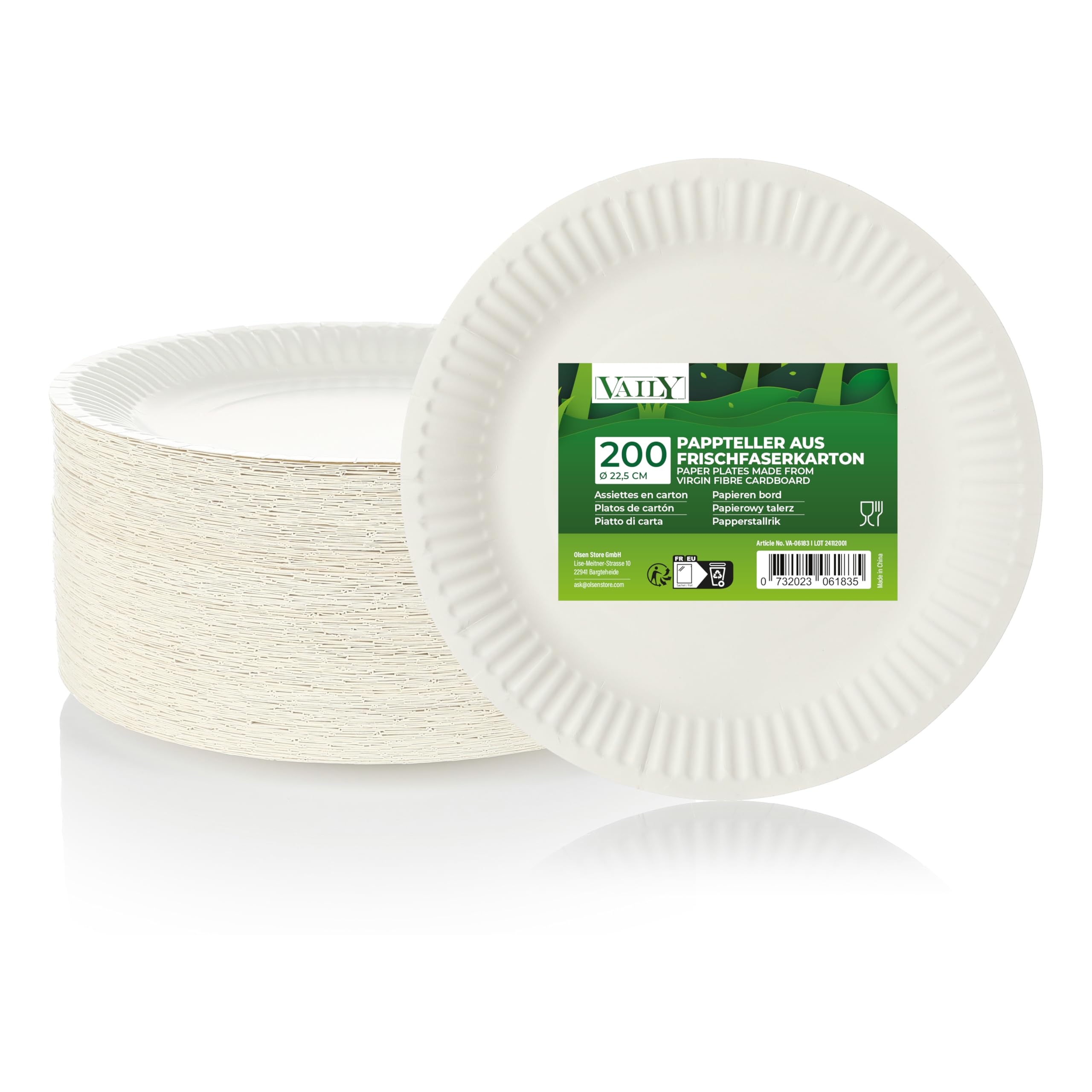 Vaily Pappteller rund 22,5 cm 200er Pack - Umweltfreundliche Einwegteller, Partyteller, Einweggeschirr für Grillfeste, Partys, Geburtstage und Picknick, Weiß