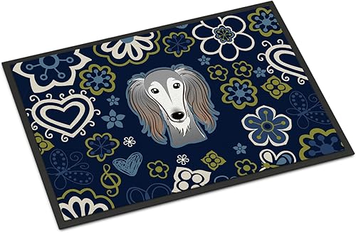 Miniatura 201 de Caroline's Treasures BB1449JMAT - Tapete de bienvenida de carlino negro, 24 x 36 pulgadas, tapete azul para puerta delantera, para interiores