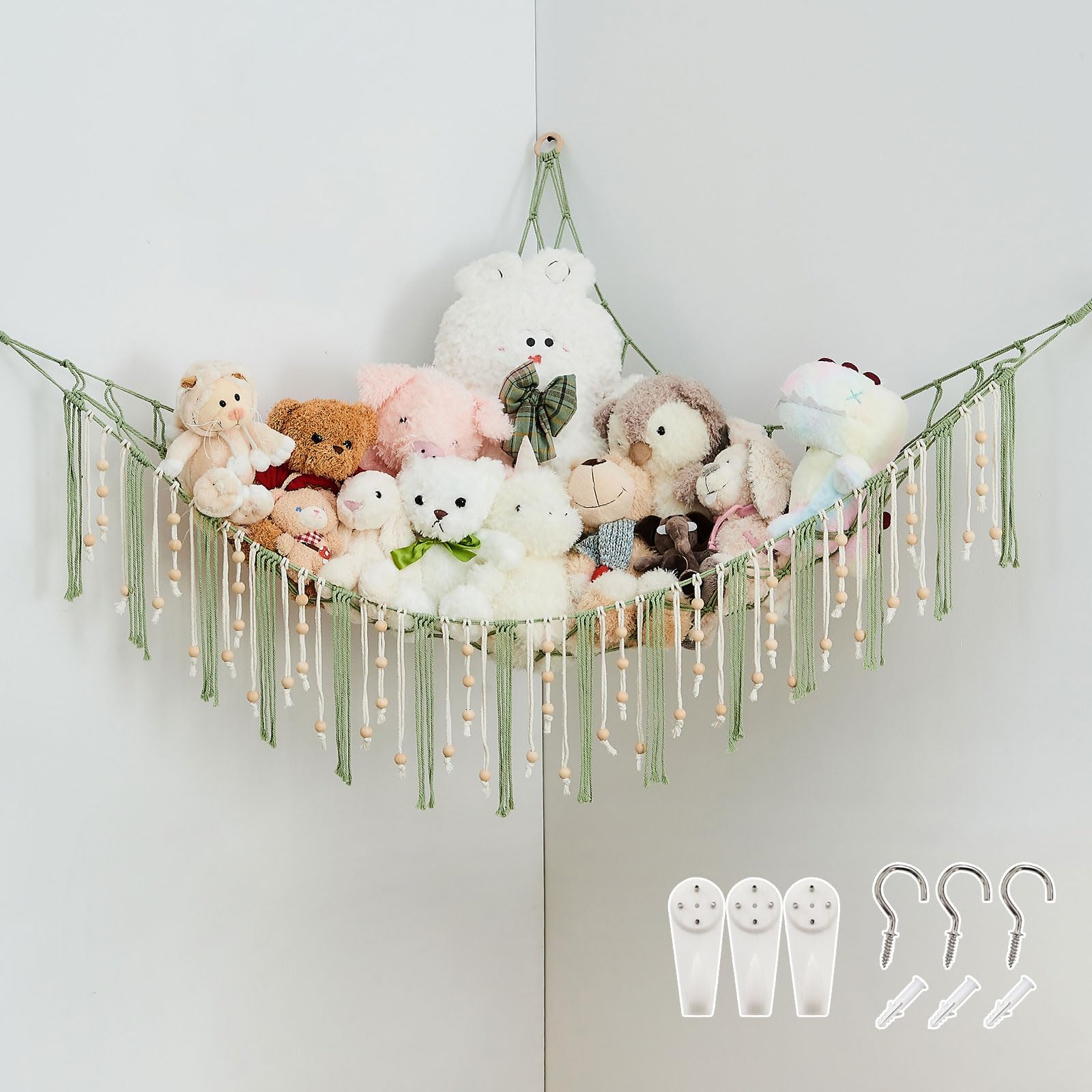 Pretty Jolly Stuffed Animal Storage Hammock with Wooden Beads Corner Hanging Net Boho Tassel for Toy Plush Holder for Kid Room Nursery Decor Wall Display Organizer for Girls Boy Gift(Sage Green)